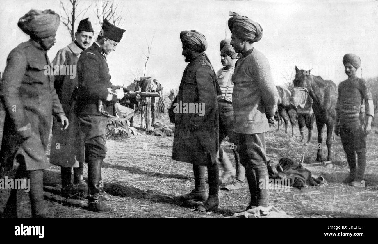 Indian Cavalry during World War 1. April 1916. French officer explaining the carbine (rifle) to Indian soldiers. Stock Photo