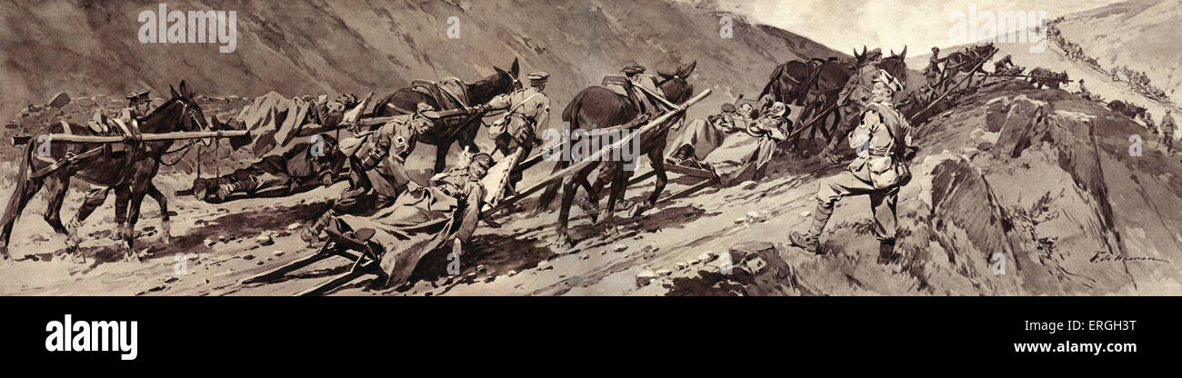 Transportation of wounded soldiers during World War 1 near Salonica, Greece. Drawing by Frédéric de Haenen. Salonica, known as Thessaloniki, Greece. Macedonian Front/ the Salonika Front established in order to fight pro- German Bulgarian army. Stock Photo