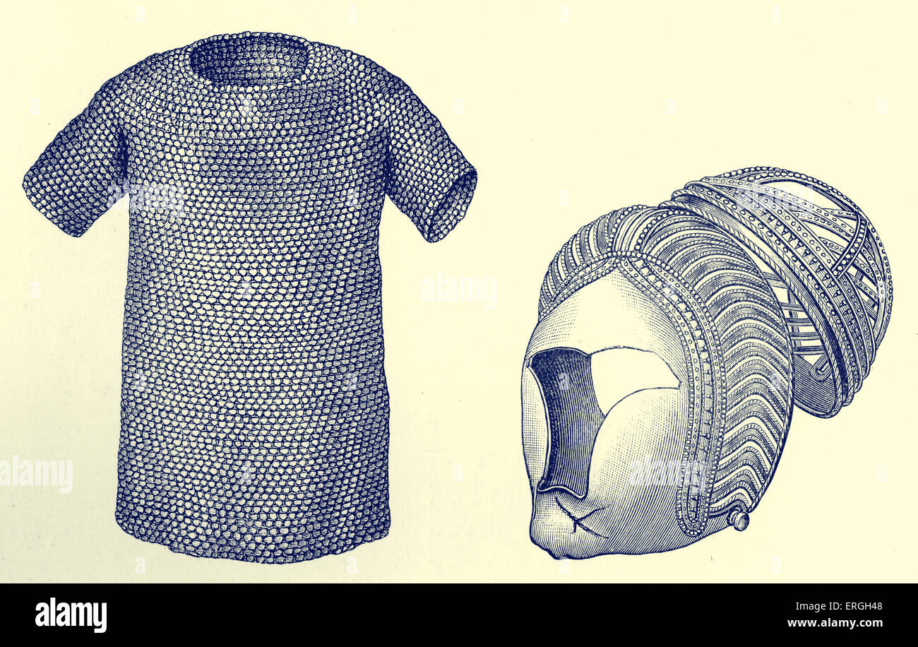 Mailcoat and Silver helmet, before 450 A.D. Jutish or Danish. From illustrations in Worsaae 's 'Industrial Arts of Denmark'. Stock Photo