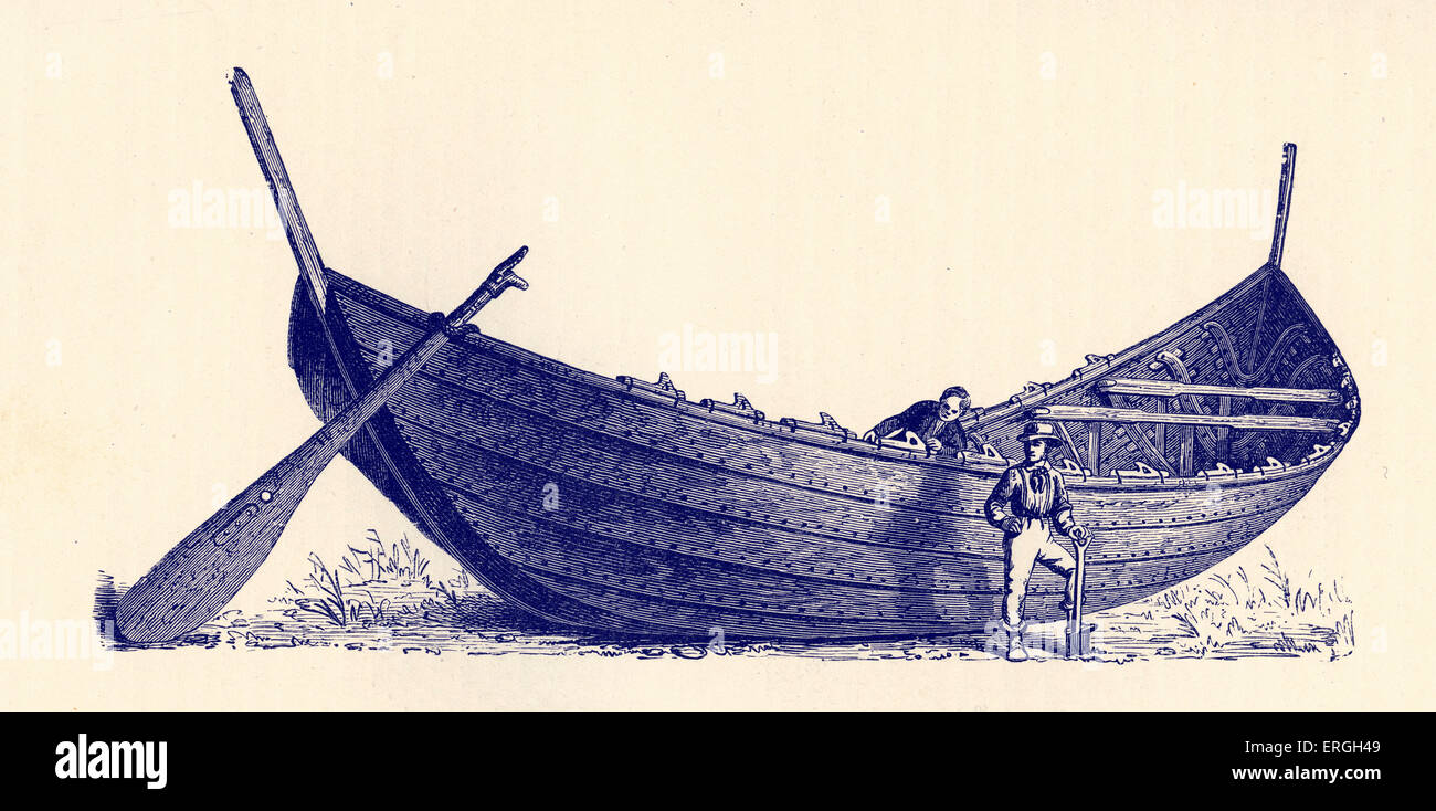 Boat for fourteen pairs of oars, found in Jutland. Illustration published in Montelius ' 'Early civilization in Sweden'. Stock Photo