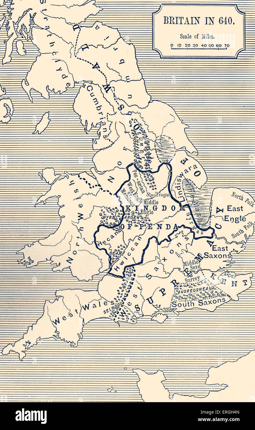 Britain in 640  A.D. Showing areas ruled by: Oswald, Kingdom of Penda. Stock Photo