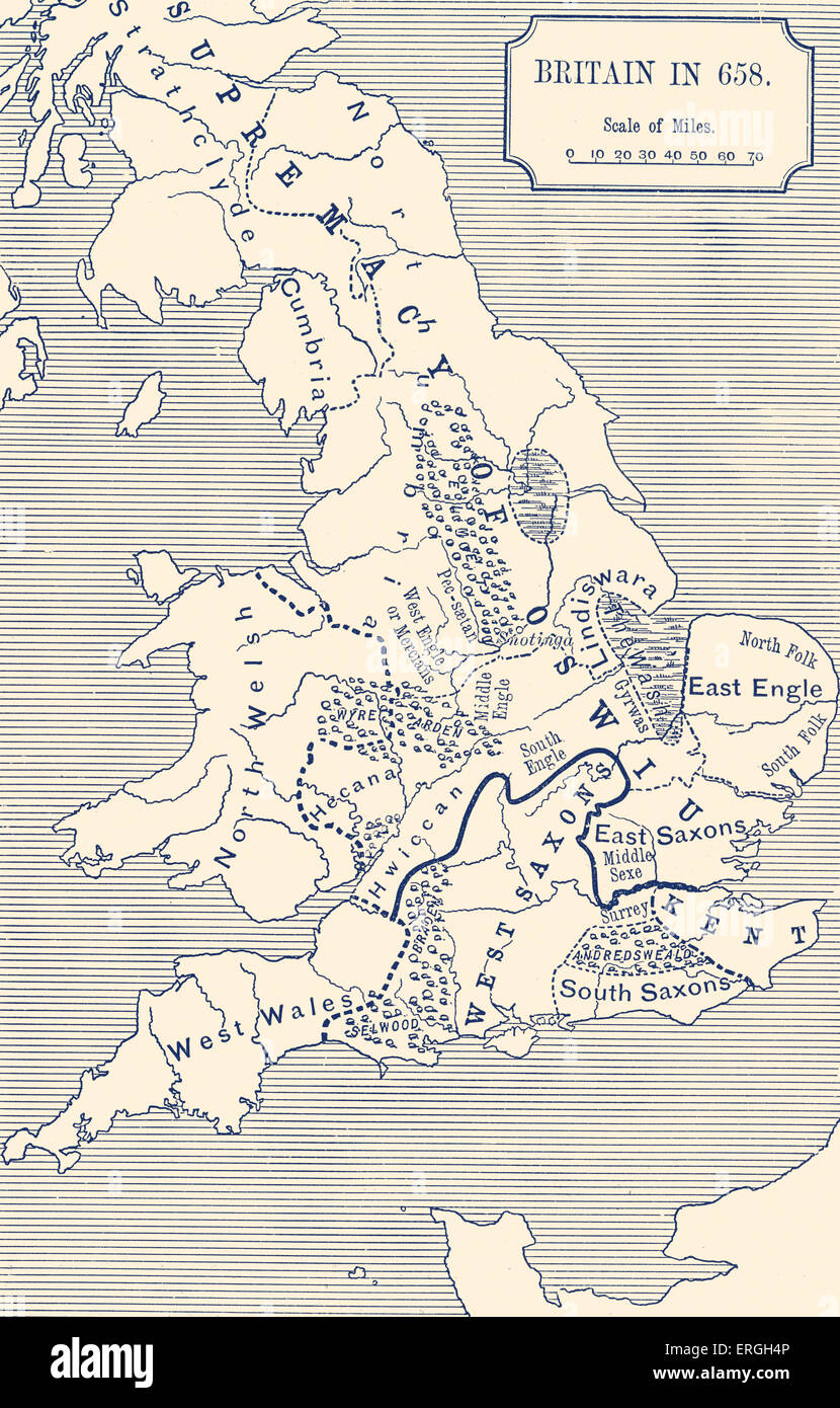 Britain in 658  A.D. Showing areas ruled by: Supremacy of Oswiu, West Saxons, North Welsh. Areas: West Wales, East Engle, Kent, Stock Photo