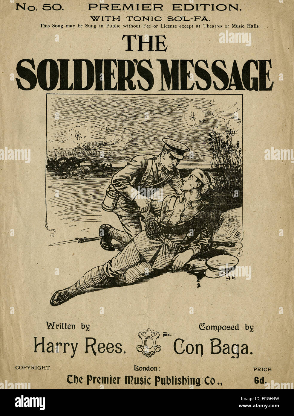 The Soldier 's Message - World War 1 song written by Harry Rees and composed by Con Baga. 1914.  Score cover. Published by The Stock Photo