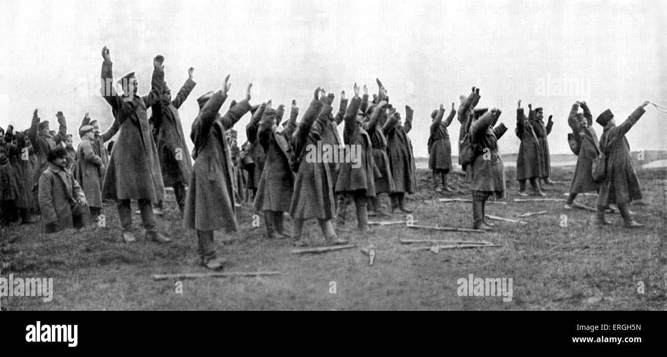 World War 1: Surrender of Russian soldiers. 1915. Holding their hands up and waving a white handkerchief. Stock Photo