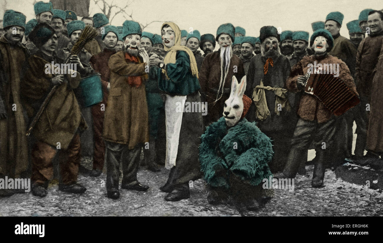 Russian Soldiers' Masquerade Party during World War 1. Troops in Salonica. Salonica, known as Thessaloniki, Greece. Macedonian Stock Photo