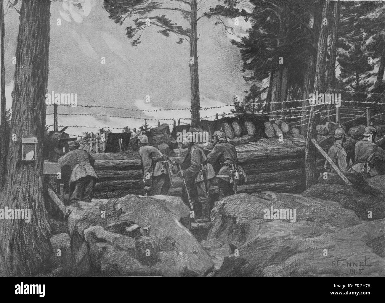 World War 1: German soldiers fighting in the Vosges, at position at Lingekopf and Barrenkopf. Illustration by Friedrich Fennel, published in the Leipzig Illustrirte Zeitung. France. Stock Photo