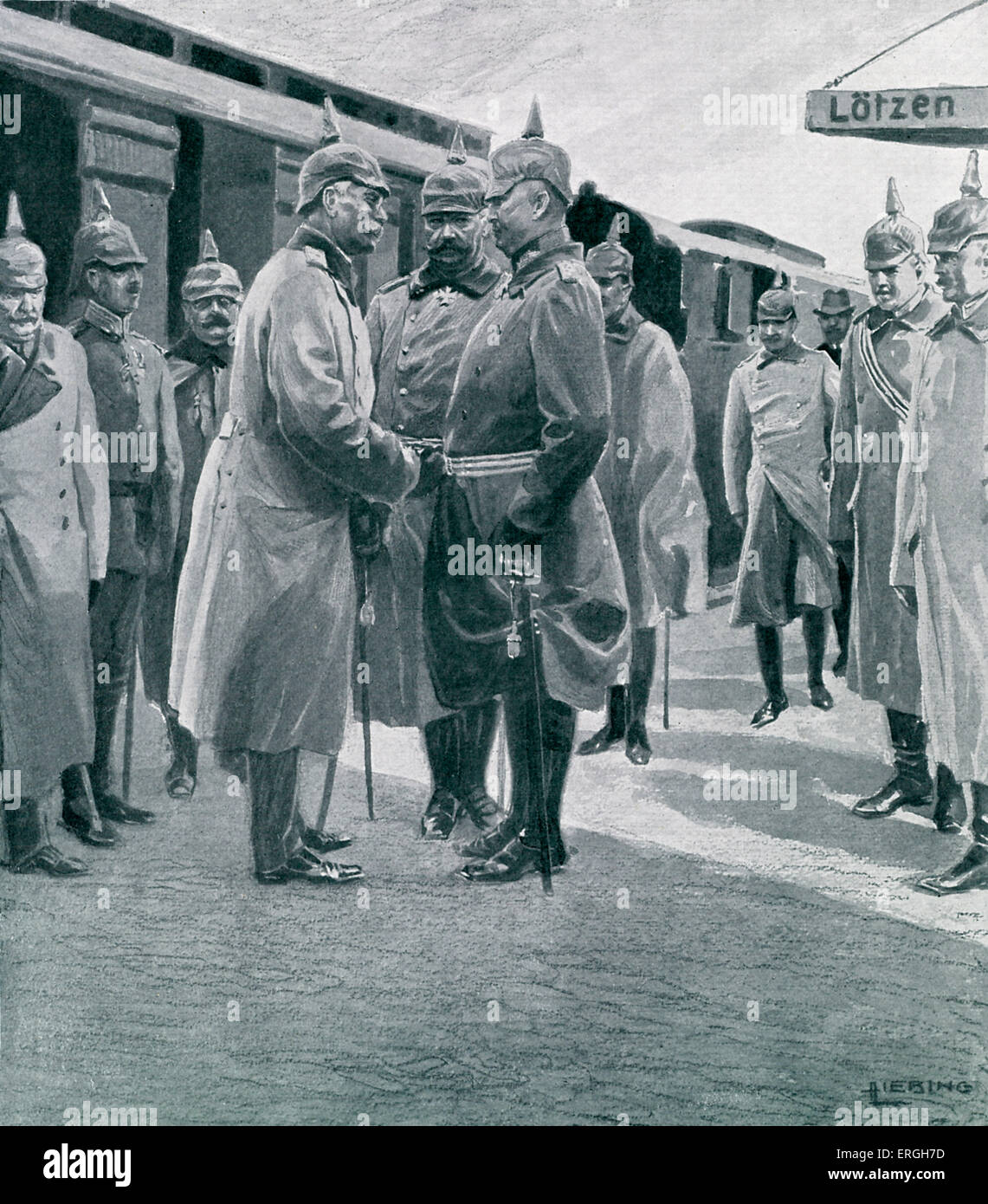 World War I: Reception of Frederick II, Grand Duke of Baden by Field Marshal Paul von Hindenburg and General Erich Ludendorff at the trainstation in Giżycko, Poland (German: Lötzen). From illustration by Alfred Liebing in Leipzig Illustrirte Zeitung. 1915. Stock Photo