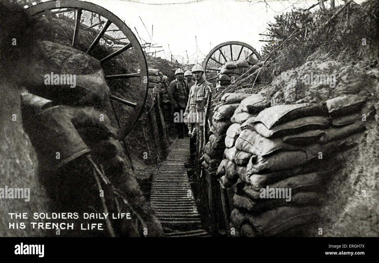 World War 1: French soldiers in a trench. Title: 'The Soldiers Daily Life. His Trench Life'. English version of official Stock Photo