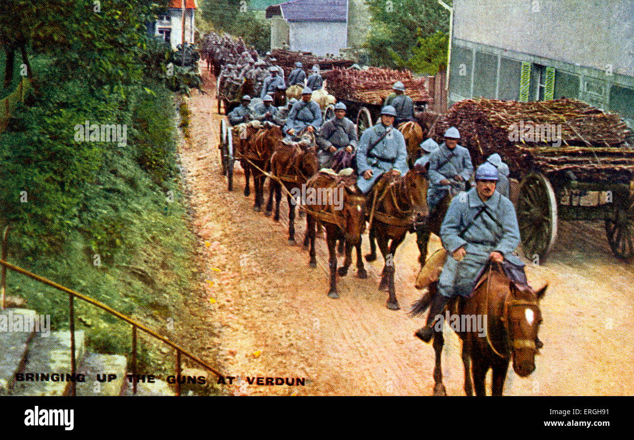 World War 1:  French army at the Battle of Verdun.  21st of February – 18th of December 1916. French soldiers transporting guns Stock Photo