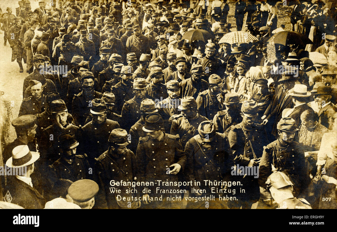 WW1: Transport of French prisoners of war in Thüringen, Germany.  Caption: 'Wie sich die Franzosen ihren Einzug in Deutschland Stock Photo