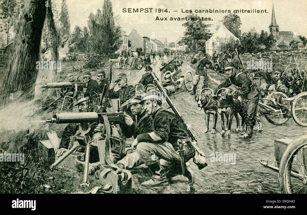 World War 1: French army at Sempst, Belgium, 1914. Riflemen at outposts with mitrailleuses (known as grape shooters in English. Mounted artillery guns). French caption: 'Les carabiniers mitraillent. Aux avant-postes'. Stock Photo