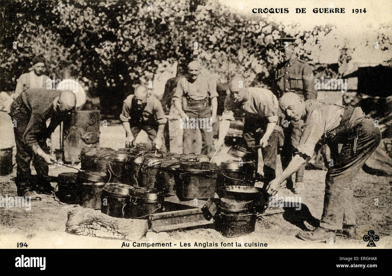 World War 1: English kitchen at the Front.  French caption: 'Au campment, les Anglais font la cuisine'. From series 'Croquis de Stock Photo