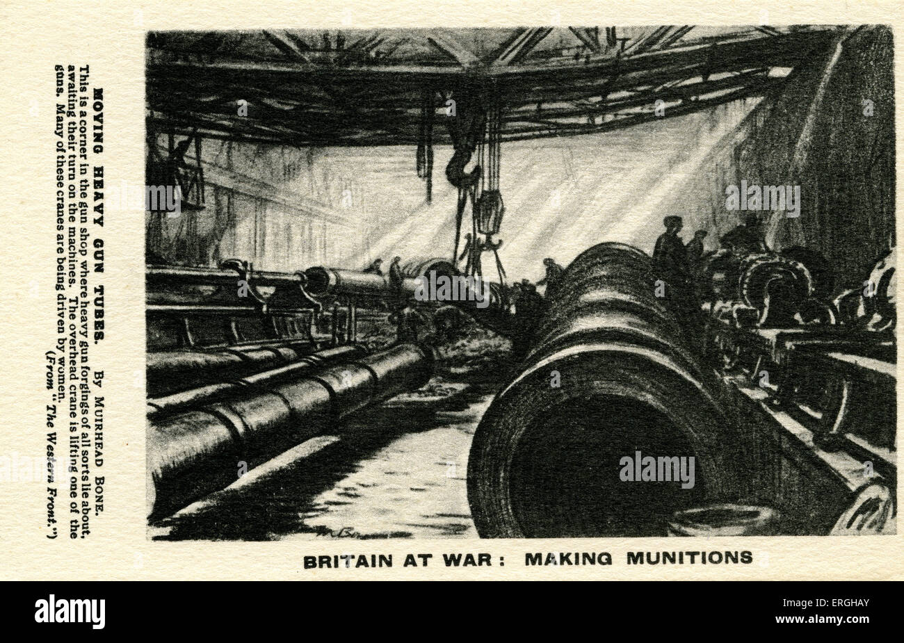 Britain at War: Making Munitions during World War 1. Moving Heavy Gun Tubes by Muirhead Bone: 'This is a corner in the gun shop Stock Photo