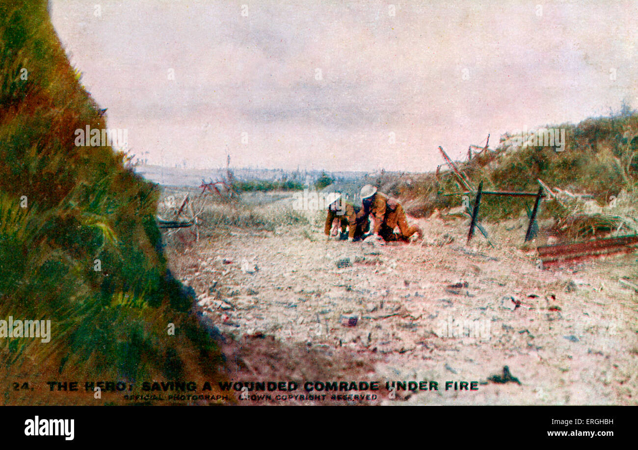 World War 1: British soldier helping a wounded comrade. British Official War Photograph published on postcard. Series III. No. Stock Photo