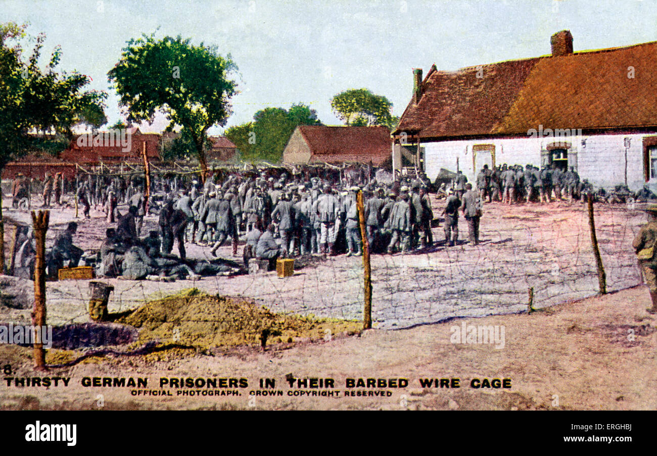 World War 1:  German Prisoners of War held captive by the British Army. British Official War Photograph, published on postcard. Stock Photo