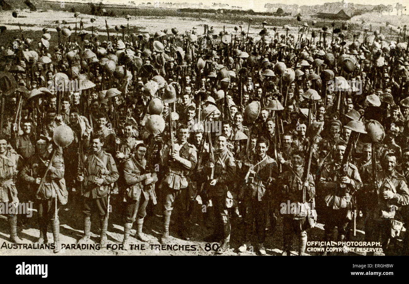 World War 1: Australians parading for the trenches. Official War Photograph, published on postcard. Series 10. No. 80. Caption Stock Photo