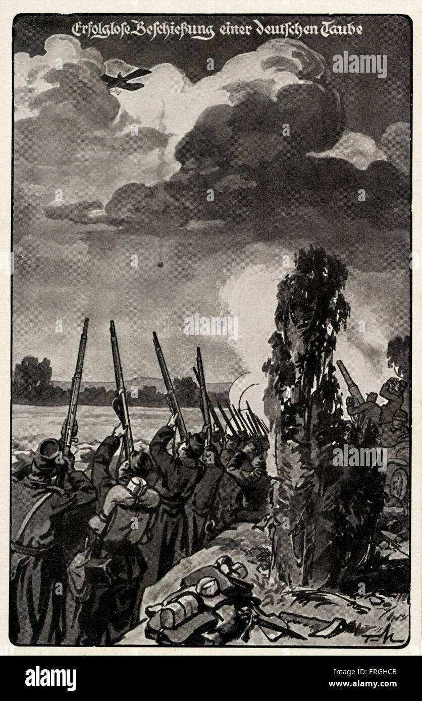 World War 1: Unsuccessful shooting of a German Taube (German: 'Erfolglose Beschießung euner deutschen Taube'). Postcard Stock Photo