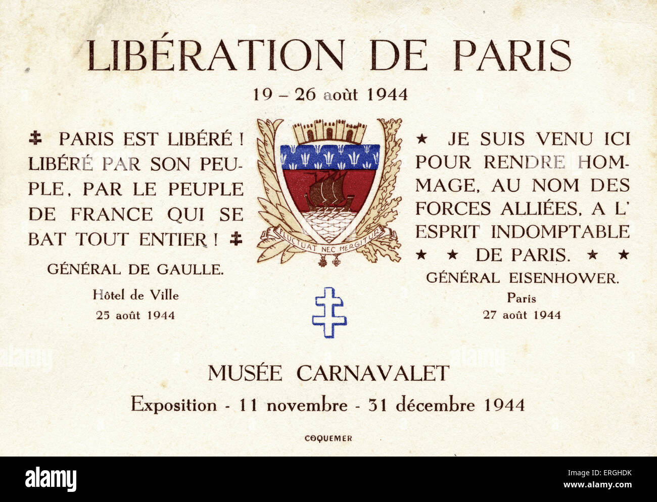 Liberation of Paris Exhibition advertisement, 1944. Exhibition at Musée Carnavalet, 11 November - 31 December 1944.  Caption Stock Photo