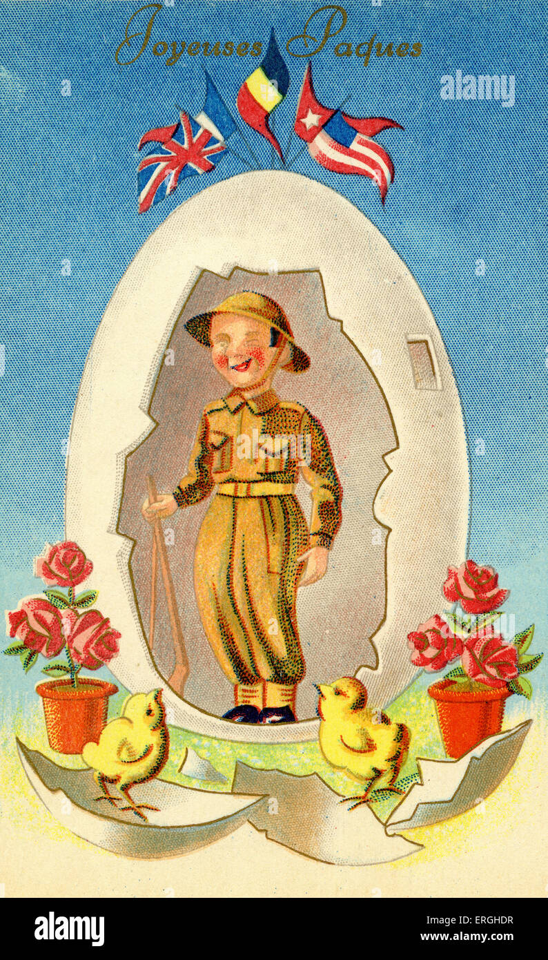 World War 2: Happy Easter postcard. Message in French: 'Joyeuses Paques'. At top, flags representing Allied Forces: France, Stock Photo