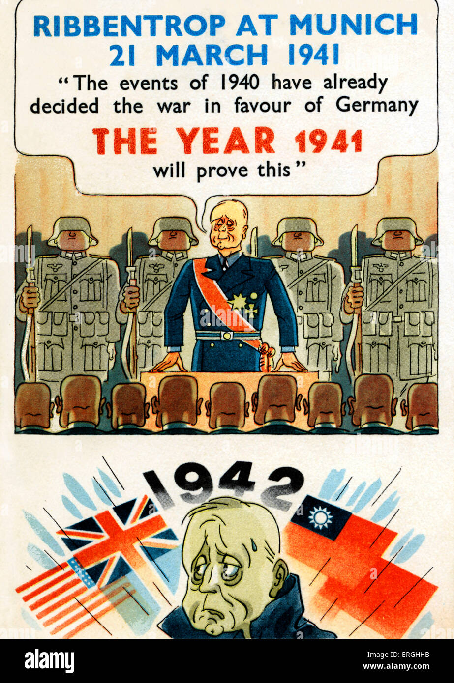 WW2: Joachim von Ribbentrop - caricature.  Ribbentrop at Munich 21 March 1941. Caption: 'The events of  1940 have already Stock Photo