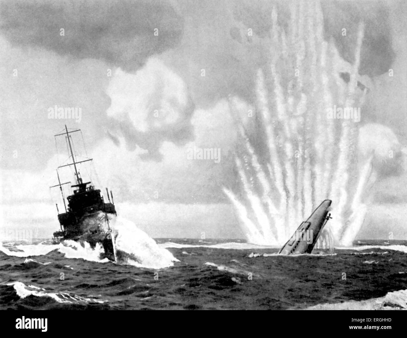 WW2: WW2: French warship 'Sirocco' sinking German U-Boat, 24 November 1930.  French destroyer sank two submarines. From British 'Epic Series' Postcards,  No. 8. 'Passed for Publication by Ministry of Information' Stock Photo -  Alamy