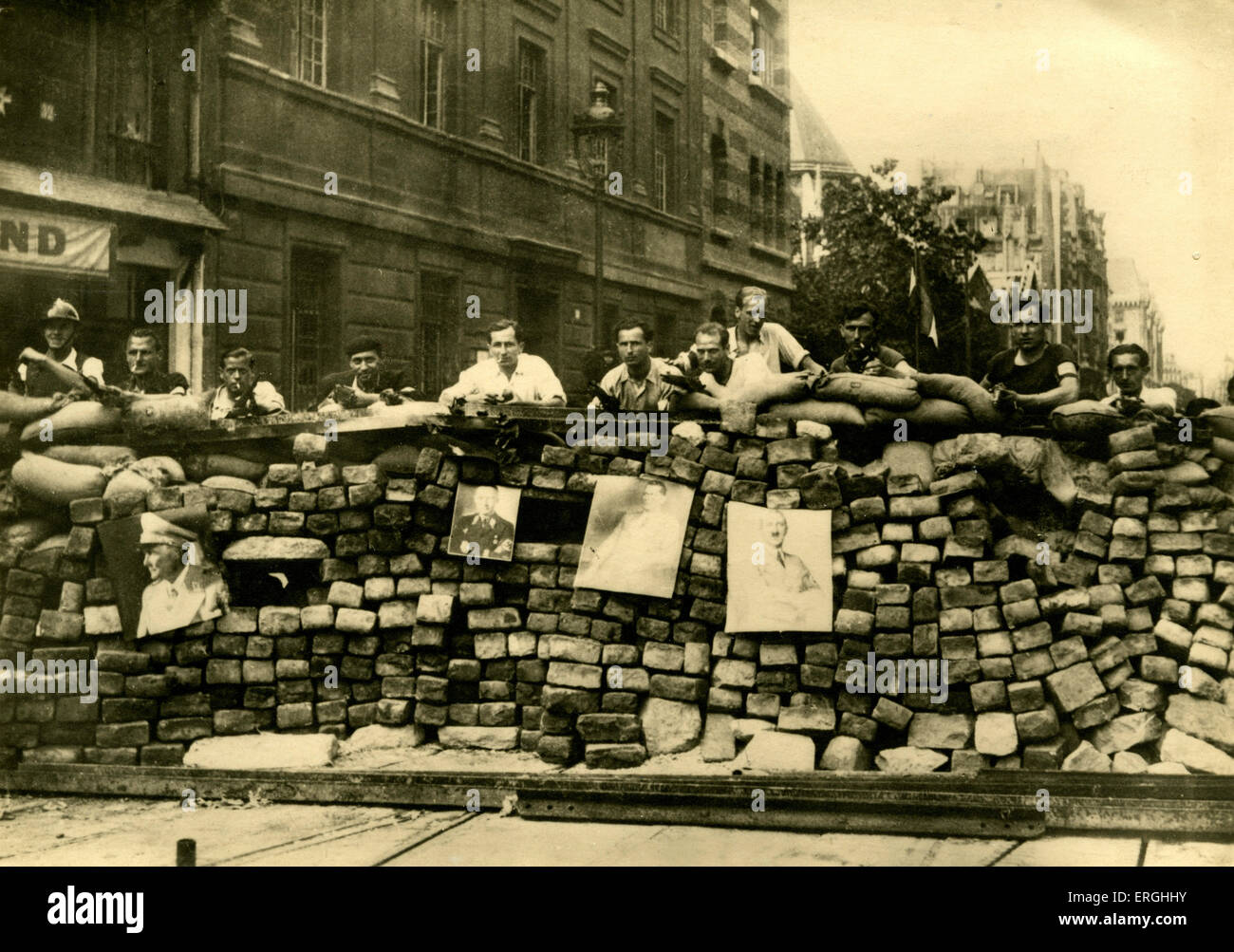 WW2: Barricades in Rue Saint Jacques, Paris, France. Possibly erected by Free French Forces (Forces françaises libres) during Stock Photo