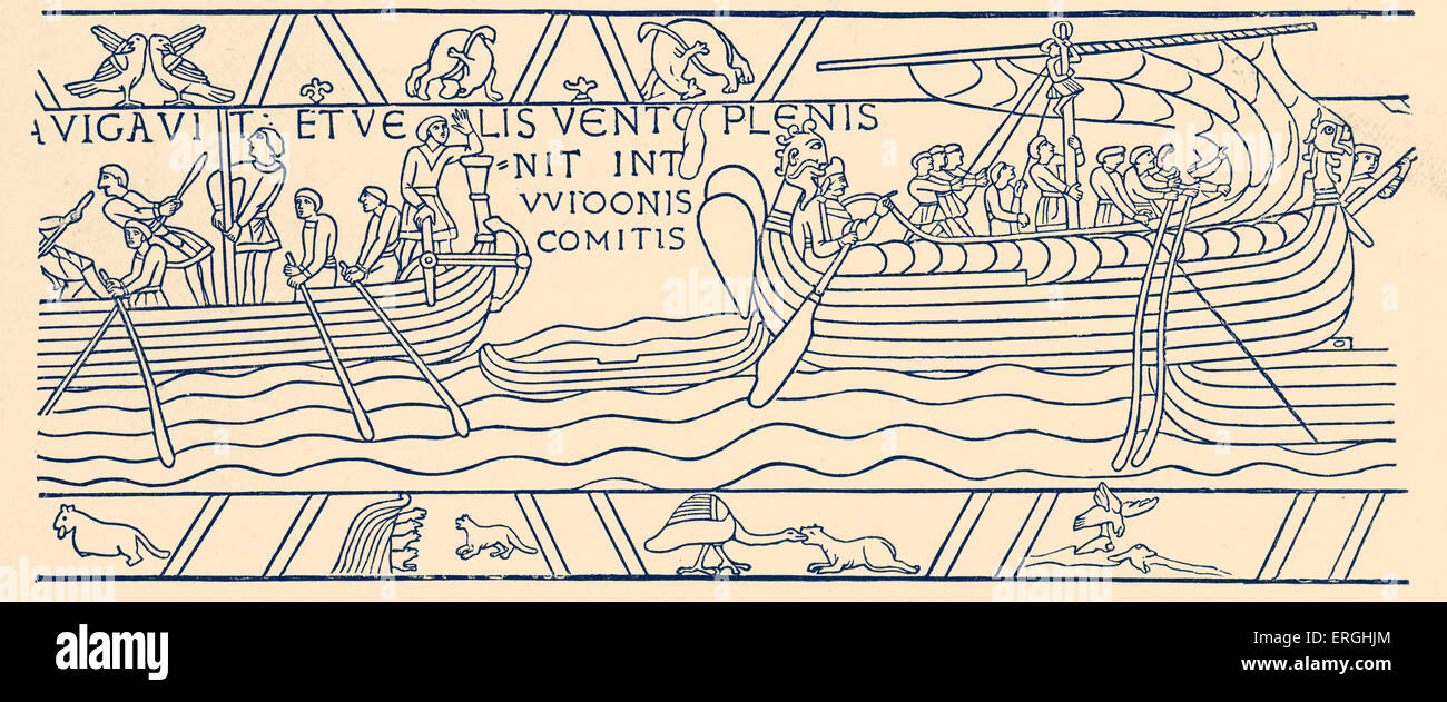 Bayeux Tapestry: Harold sailing from Bosham to Ponthieu. 1064. 19th century illustration. H: Harold II, also known as Harold Stock Photo