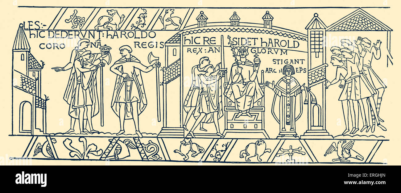 Bayeux Tapestry: Coronation of Harold II, 1066. 19th century illustration. H: Harold II, also known as Harold Godwinson, last Stock Photo
