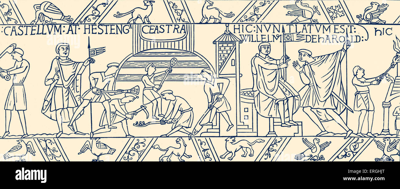 Bayeux Tapestry: Fortification of William II Duke of Normady's Camp at Hastings, 1066. Right: Messenger brings tidiings to Stock Photo