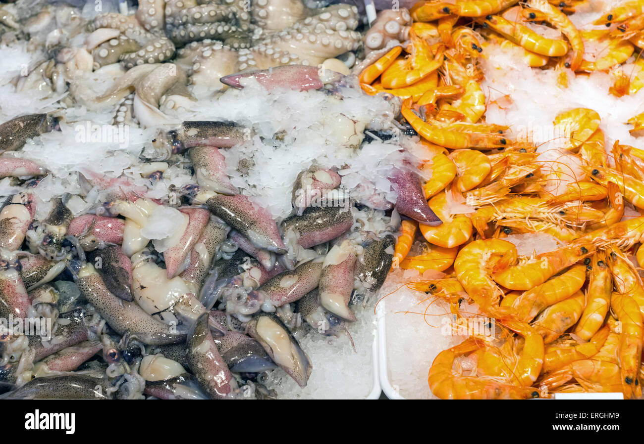 Fresh seafood for sale on a market Stock Photo Alamy