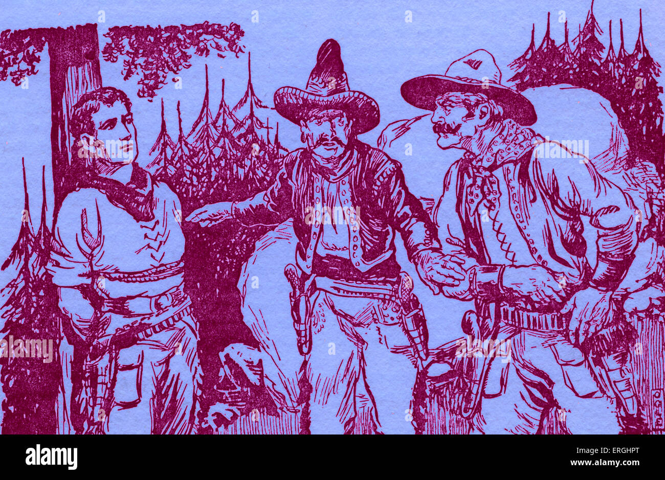 Wild West in 19th century.  Caption reads: 'We can make him guide us to the place where he found the gold.'  illustration by Stock Photo