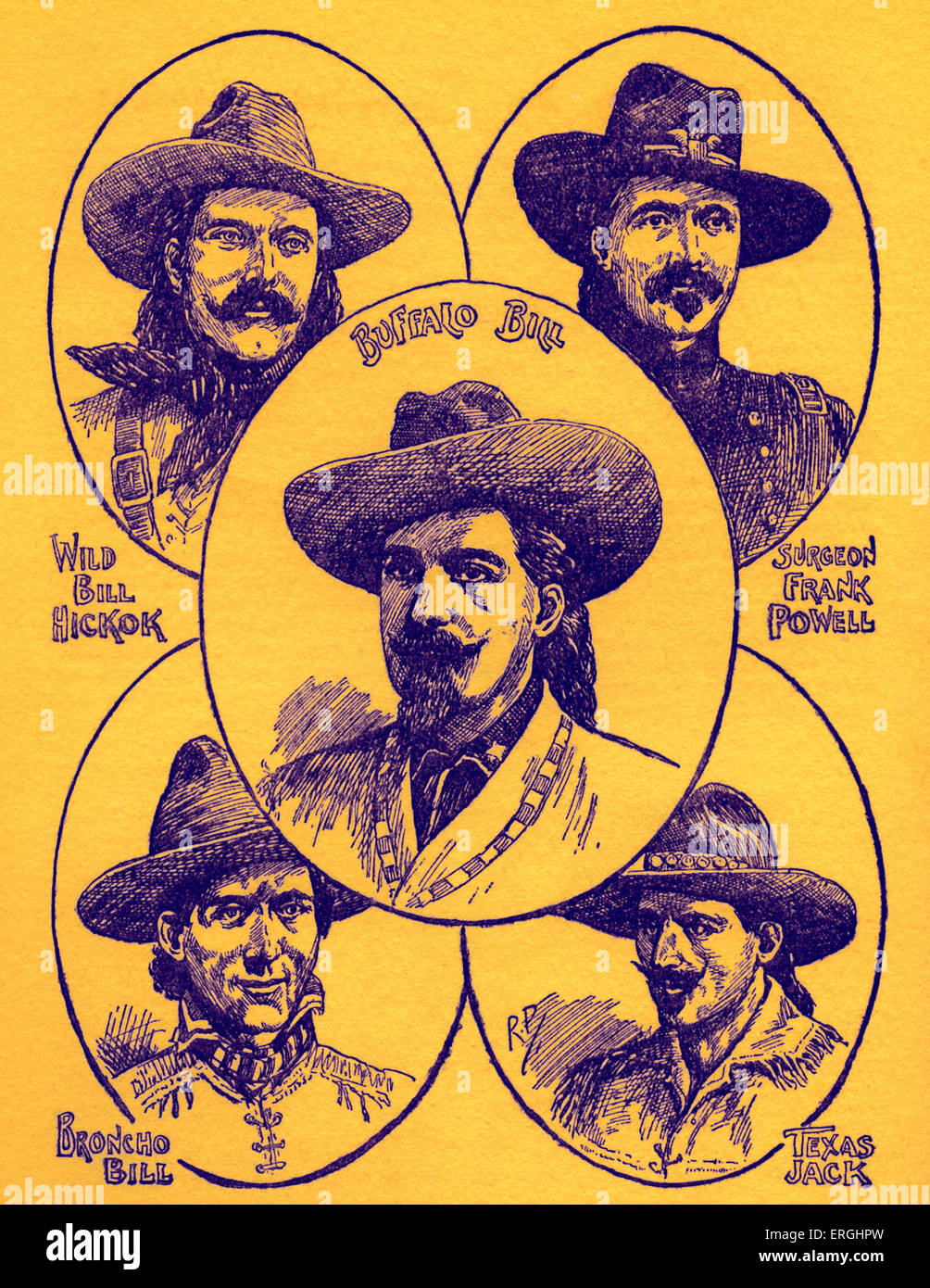 Heroes of the Wild West. Caption reads: 'Sturdy comrades of the trail.  Portraits of Buffalo Bill, Wild Bill Hickok, Surgeon Stock Photo - Alamy