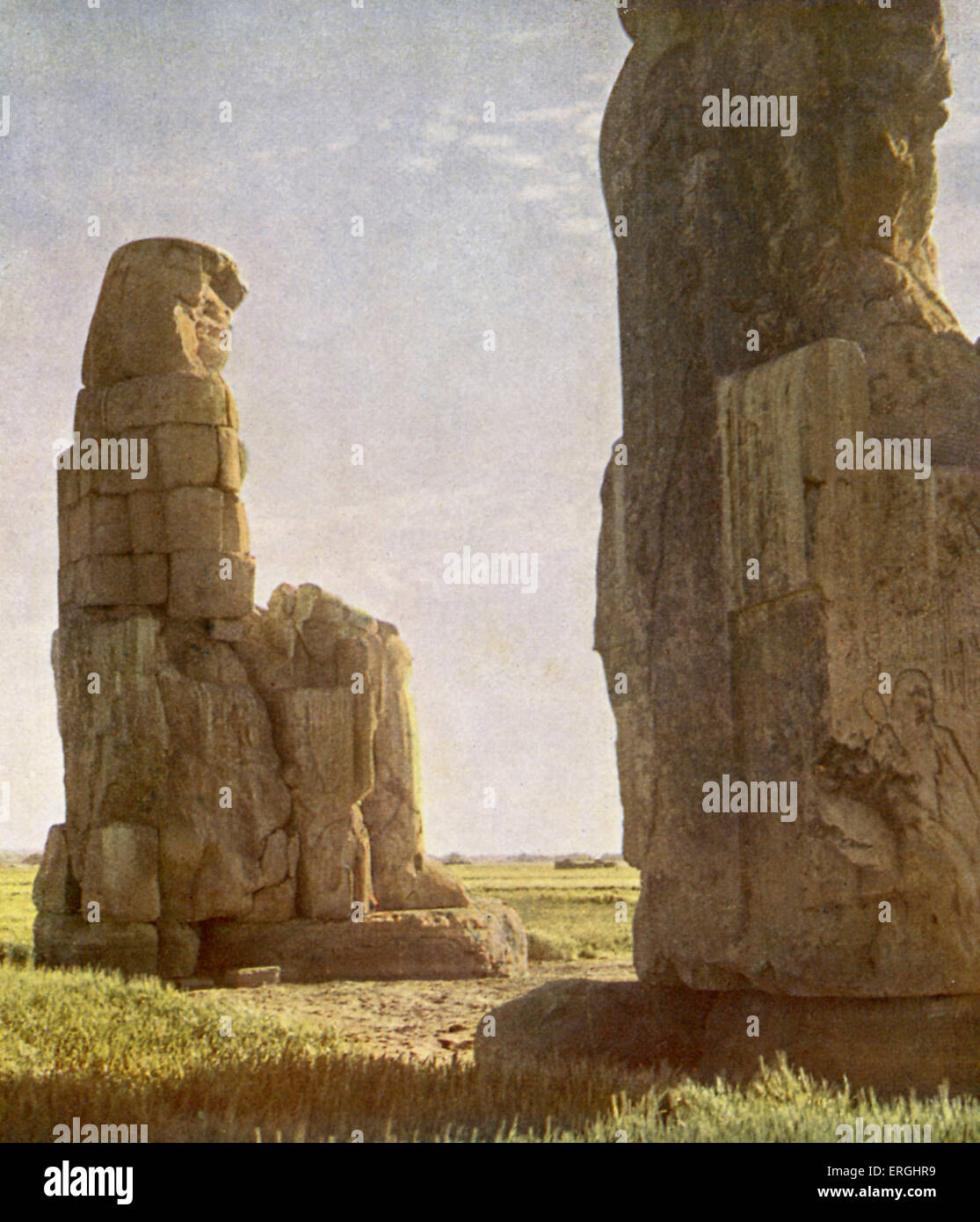 Colossi of Memnon at Daybreak.  Egypt. Photograph from book of 1923. Stock Photo