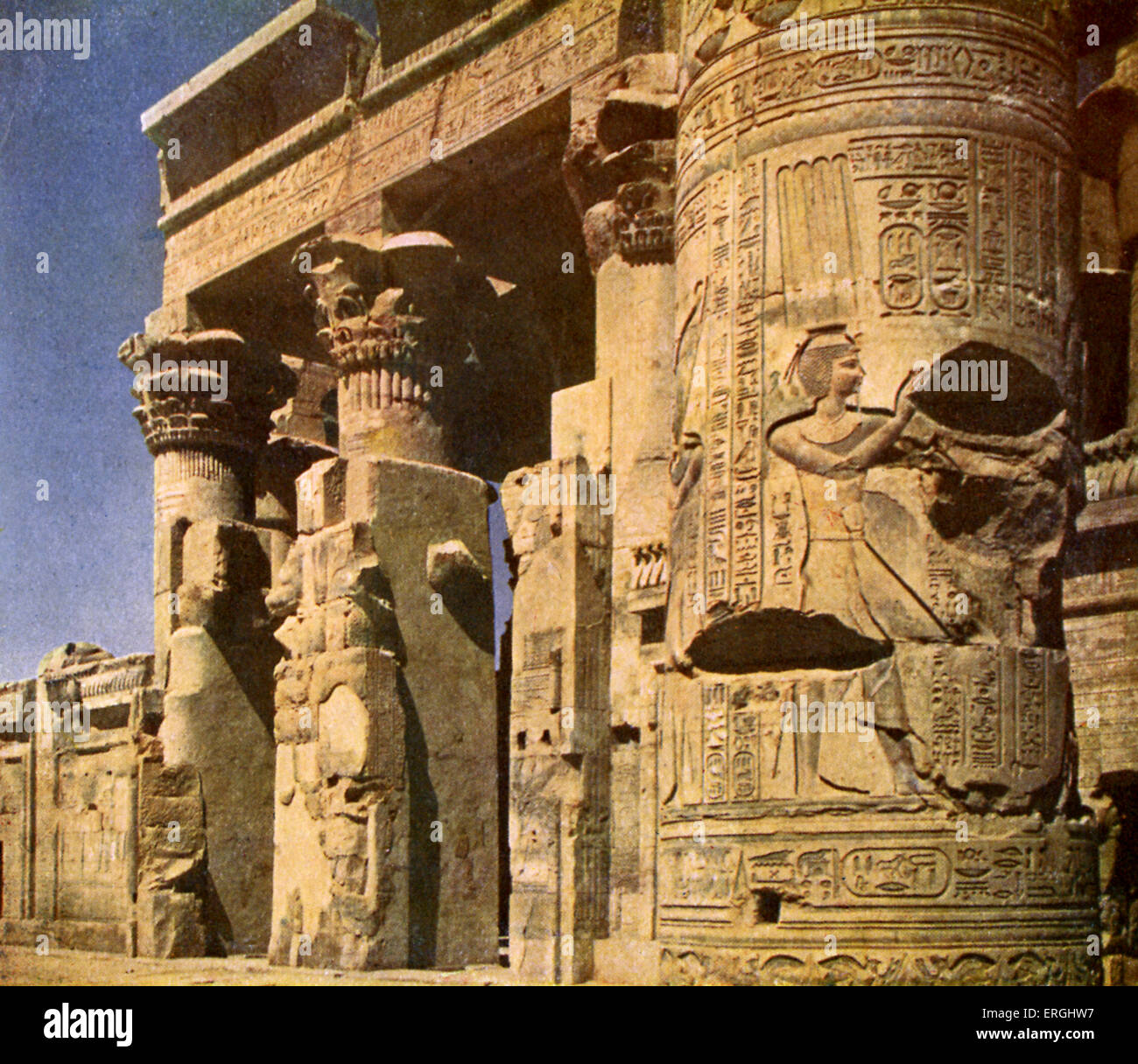Egypt-  temple of Kom Ombo. Caption reads: 'Main entrance to the temple of Kom Ombo' . Double temple built during Ptolemaic Stock Photo