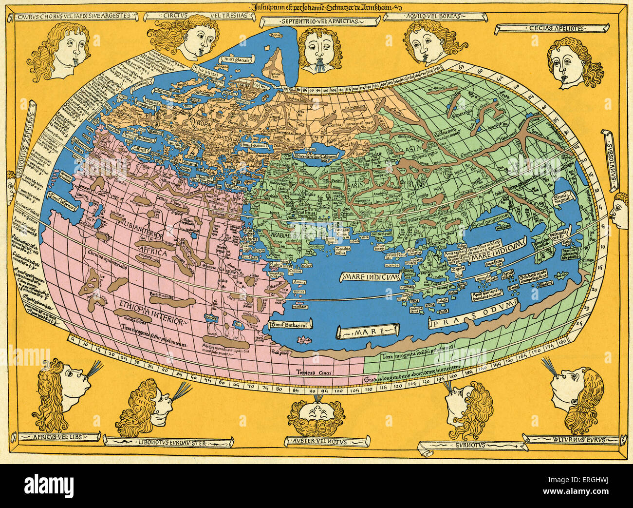 The World - map engraved by Johannes Schnitzer de Armssheim, cartographer of Ptolemy 's 'Geography', 1482. Stock Photo