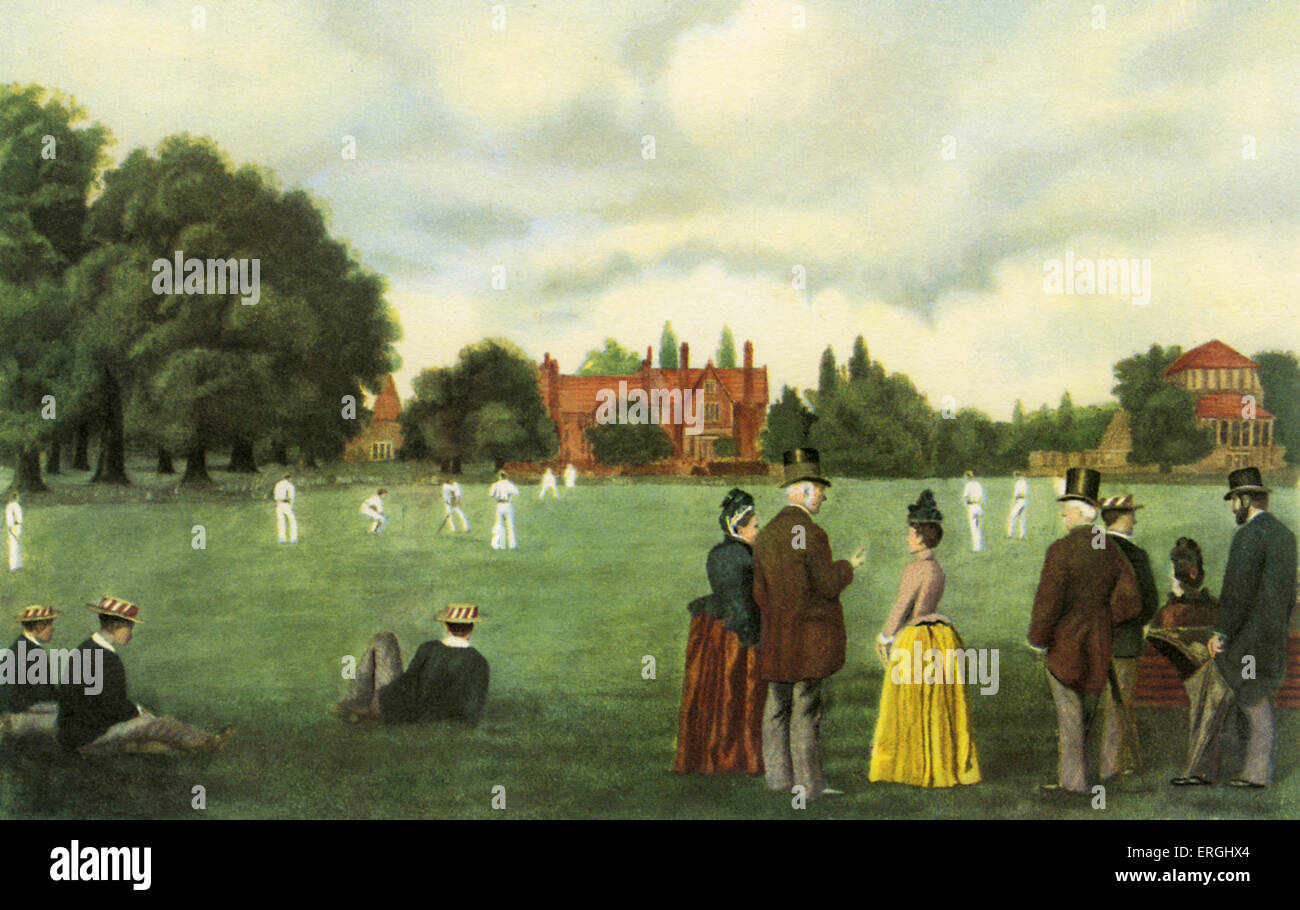 Rugby School - Big Side Cricket. Coloured etching by F. Shunter (dates unknown) after H. T. Brooks, 1889. Stock Photo