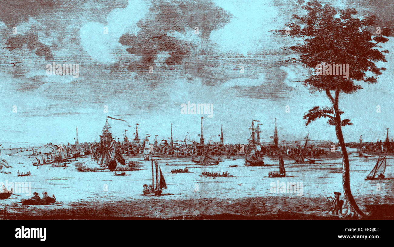 View of Boston, Massachusetts, US, c. 1720. Stock Photo