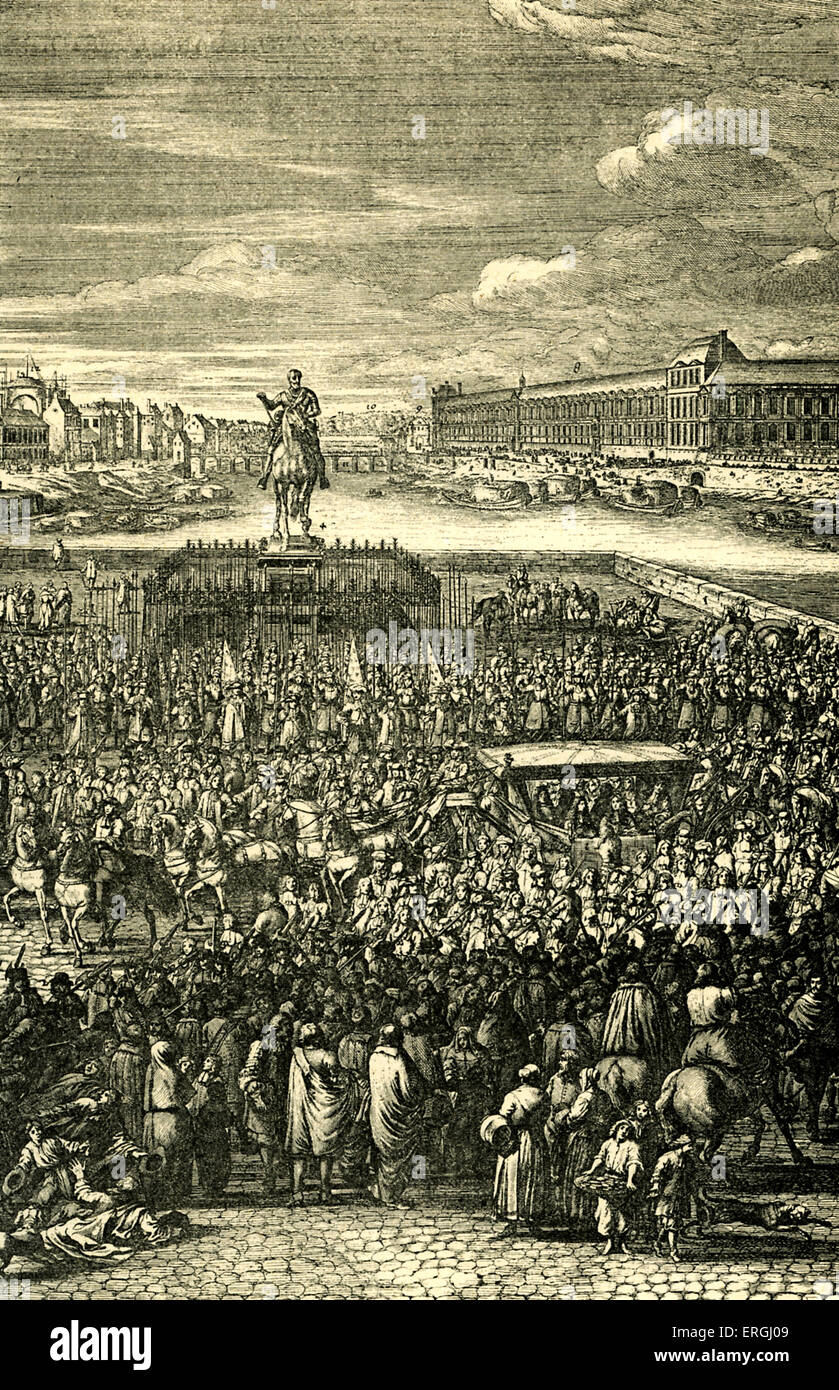 Louis XIV 's carriage on the Pont-Neuf, Paris. After Van der Meulen. LXIV: King of France and of Navarre from 1643 until death. Known as the Sun King (Roi Soleil), 5 September 1638 – 1 September 1715. Stock Photo