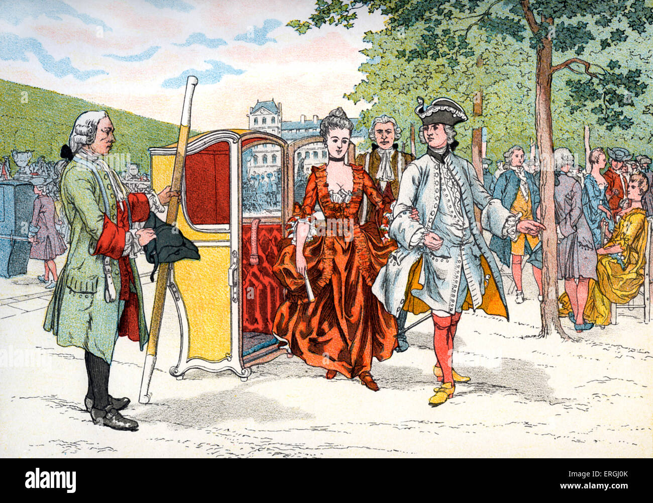 French 'Chaise à porteurs' (Sedan Chair), 18th century. From engraving by  Rougeron-Vignerot and Demoulin (dates unknown Stock Photo - Alamy