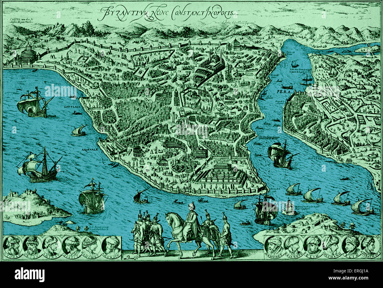Map of Constantinople - in 'Civitas Oreis Terrarum' by Braun and Hogenberg. Book 1: 1574 - 1618. Modern day Istanbul, Turkey. Stock Photo