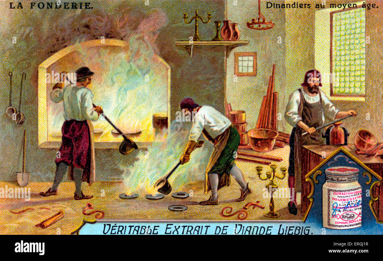 Metal Casting: Copperware in the Middle Ages ('Dinandiers au moyen âge'). Illustration on history of metal casting (French: 'La Stock Photo