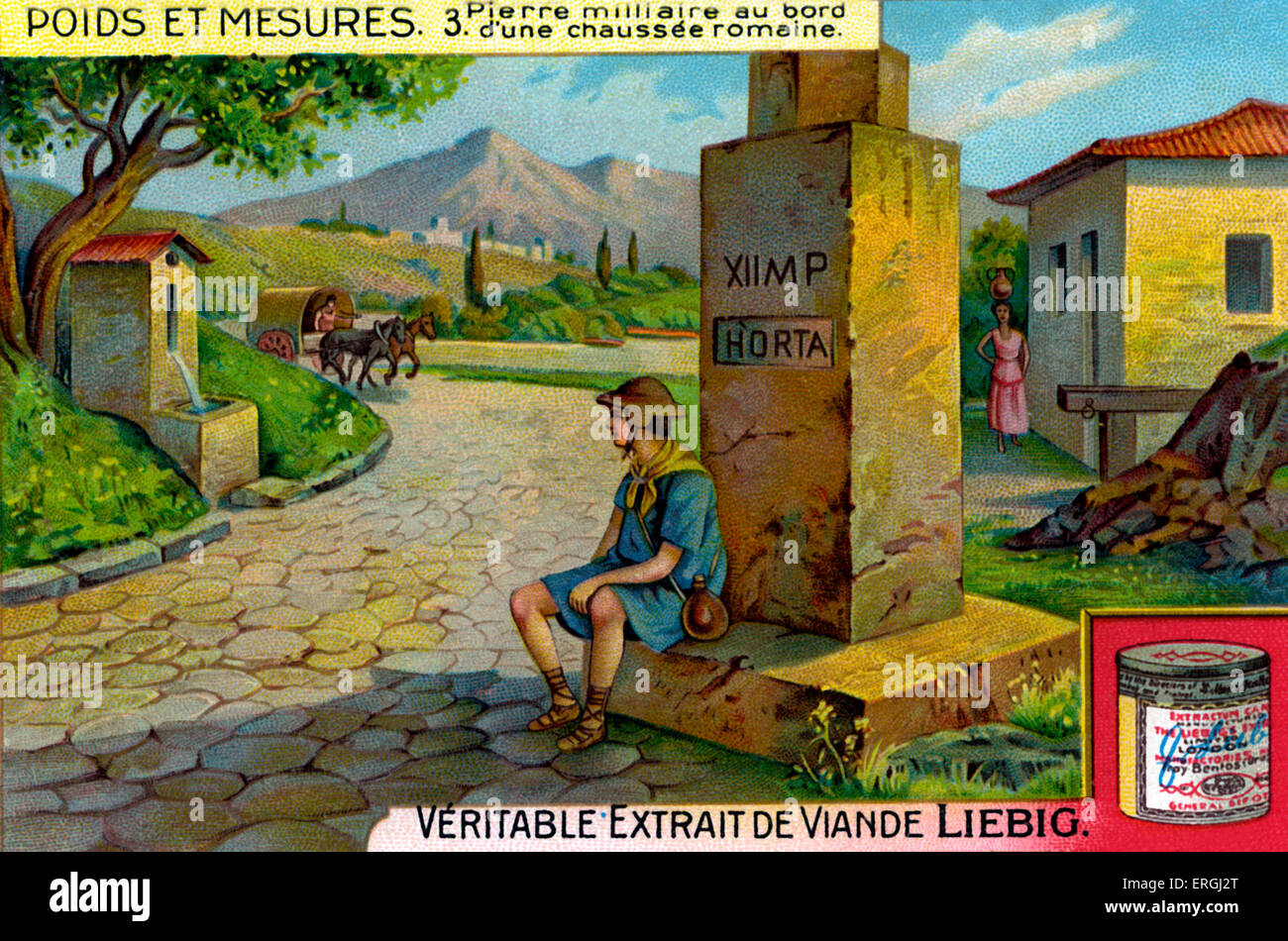 Milestone on a Roman road.  Illustration from Liebig collectible card series: 'Weights and Measures' ('Poids et mesures'). 3/6 Stock Photo