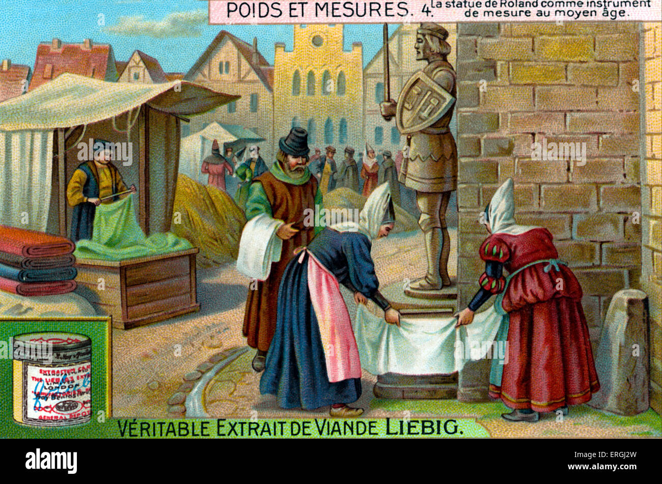 Statue of Roland, used as a measuring device in towns in Europe. Illustration from Liebig collectible card series: 'Weights and Measures' ('Poids et mesures'). R: Frankish military leader under Charlemagne and literary figure, died 14 August 778. 4 of 6 Stock Photo