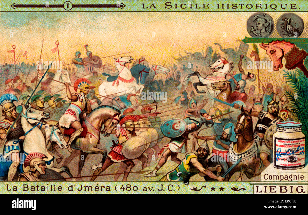 History of Sicily: Battle of Himera, 480 BC. Illustration on Liebig collectible card (French series: 'La Sicile historique'). Stock Photo