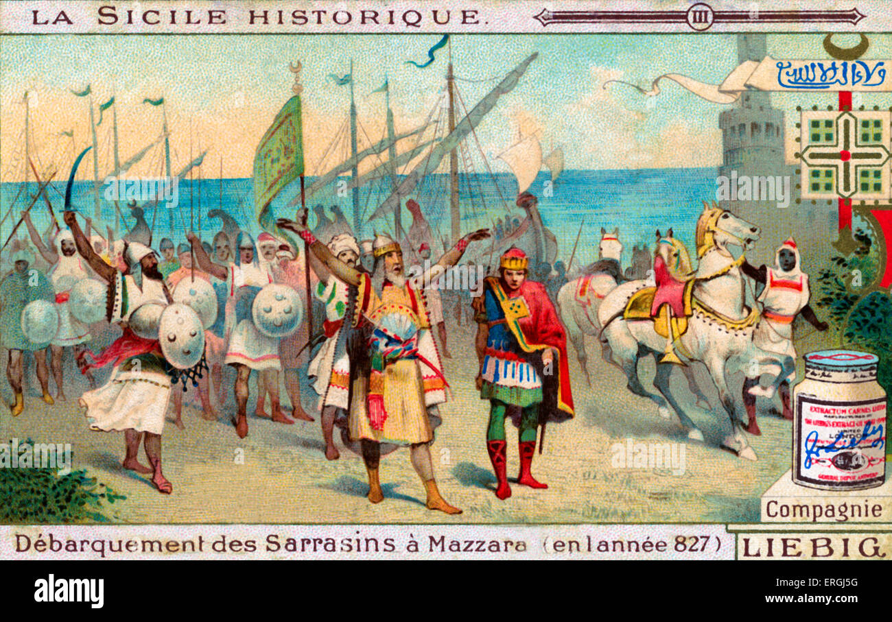 History of Sicily: Arrival of Arabs in Mazara del Valloon 17 June 827. Followed by occupation of the town.  Illustration on Stock Photo