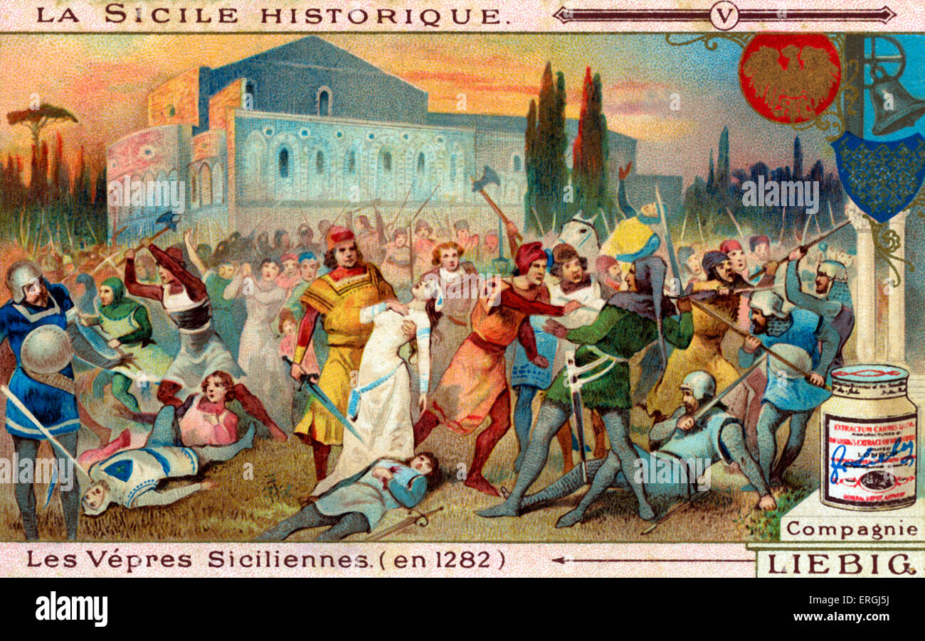 History of Sicily: Sicilian Vespers, 30 March 1282. Sucessful rebellion against French/Capetian King Charles I. Illustration on Liebig collectible card (French series: 'La Sicile historique'). 1913 Stock Photo