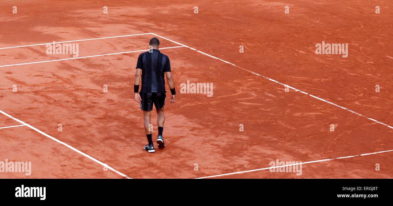 Paris. 2nd June, 2015. France's Jo-Wilfried Tsonga draws 'Roland Je t'aime' (Roland I love you) on the court after winning a men's singles quarterfinal against Japan's Kei Nishikori at the 2015 French Open tennis tournament at Roland Garros in Paris June 2, 2015. Tsonga won 3-2 and was qualified for the semifinals. Credit:  Han Yan/Xinhua/Alamy Live News Stock Photo
