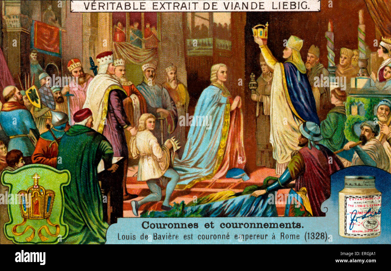 Louis IV crowned as Holy Roman Emperor on 17 January 1328  in Rome. Illustration from Liebig collectible card (series title: Stock Photo