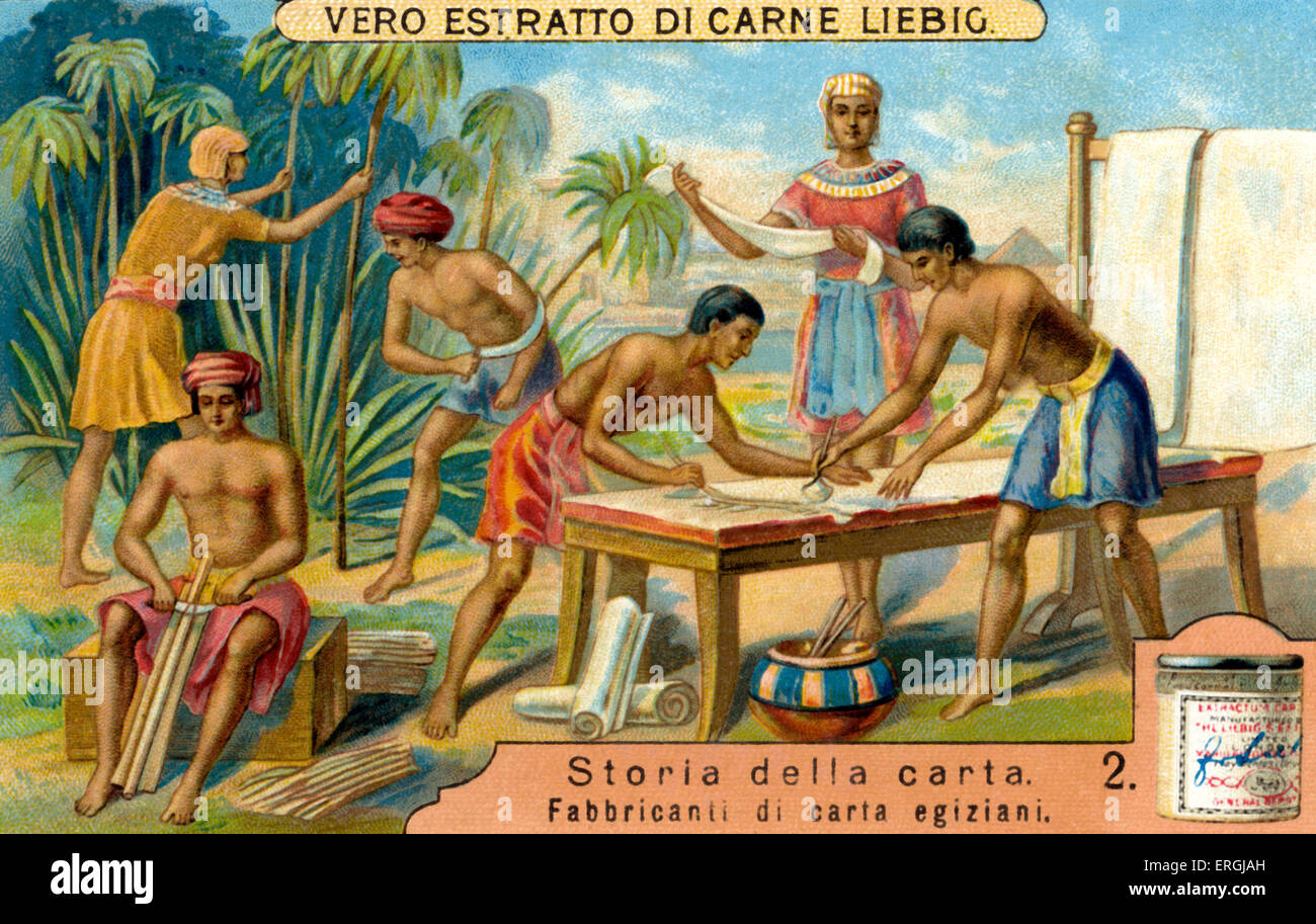 History of Paper: Papyrus  in Ancient Egypt. Illustration from Liebig collectible card (Italian series title: 'Storia della Stock Photo
