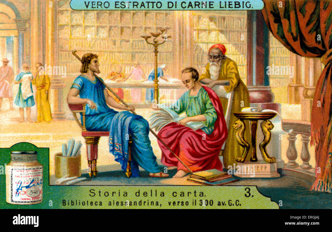 History of Paper: Library of Alexandria, Egypt,  c. 300 BC. Illustration from Liebig collectible card (Italian series title: Stock Photo